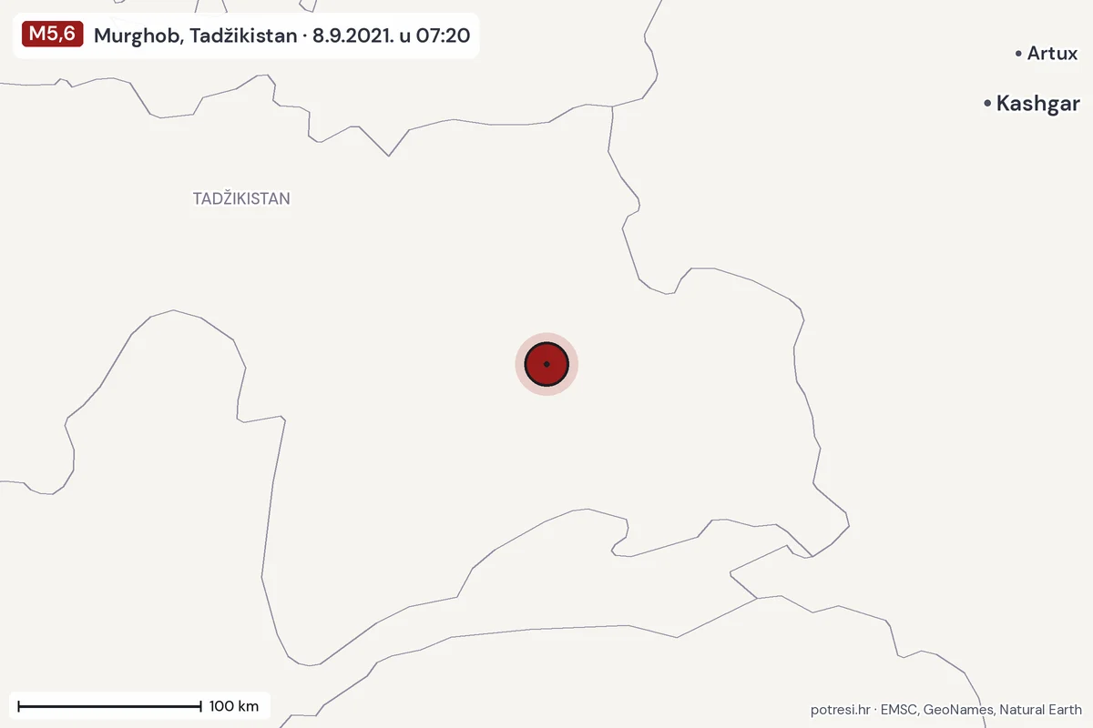 Karta: šire područje, 600 km, potres M5,6, Murghob, Tadžikistan, 8.9.2021.