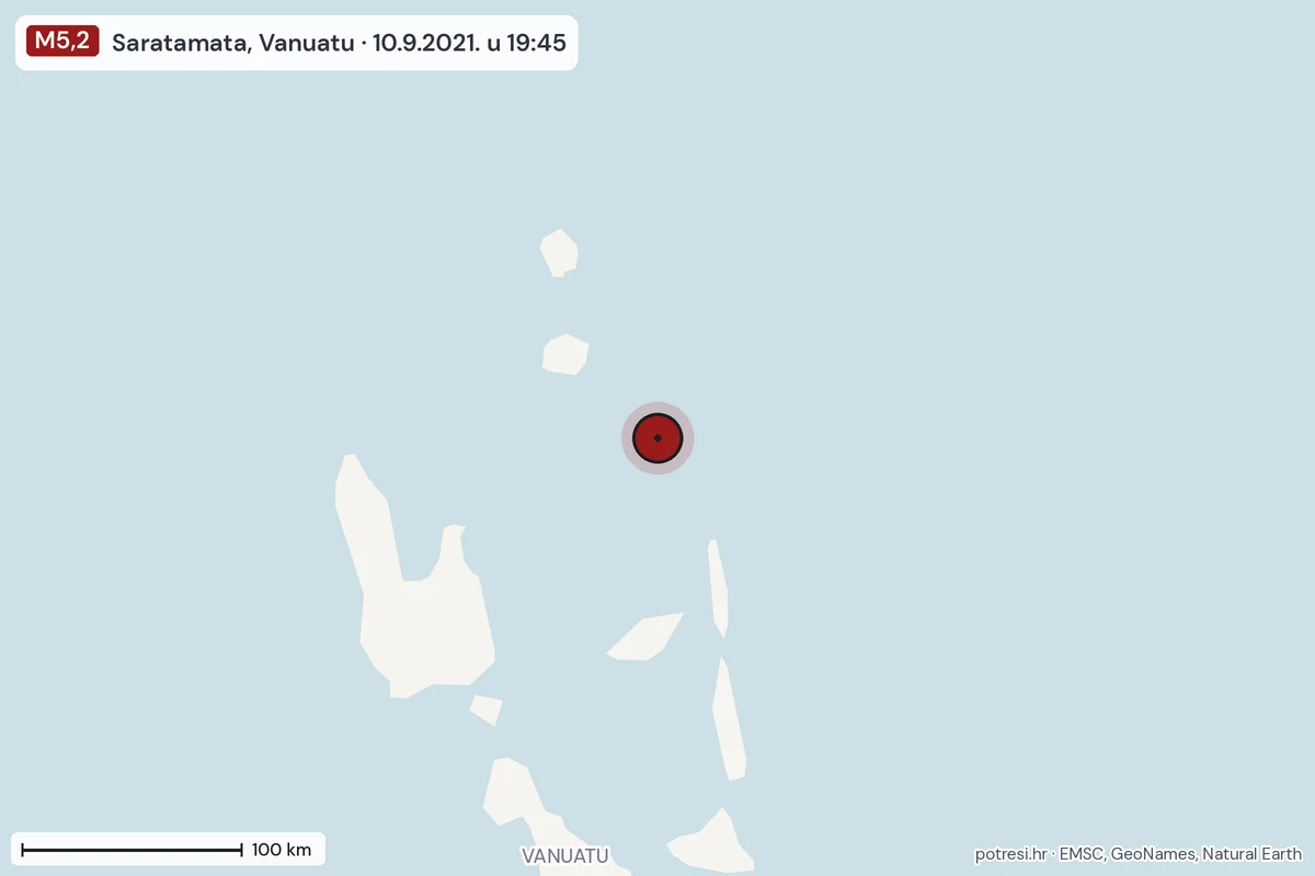 Karta: šire područje, 600 km, potres M5,2, Saratamata, Vanuatu, 10.9.2021.