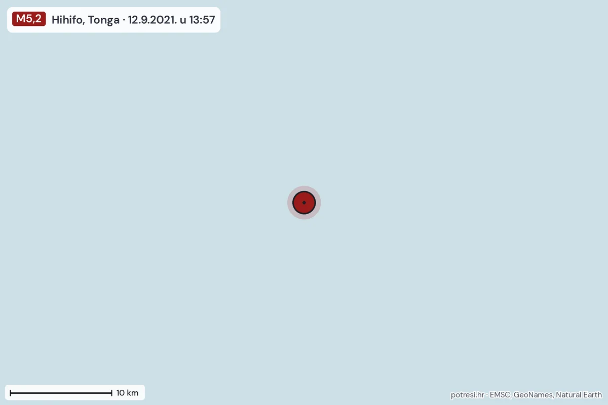 Karta: okolica epicentra, 60 km, potres M5,2, Hihifo, Tonga, 12.9.2021.