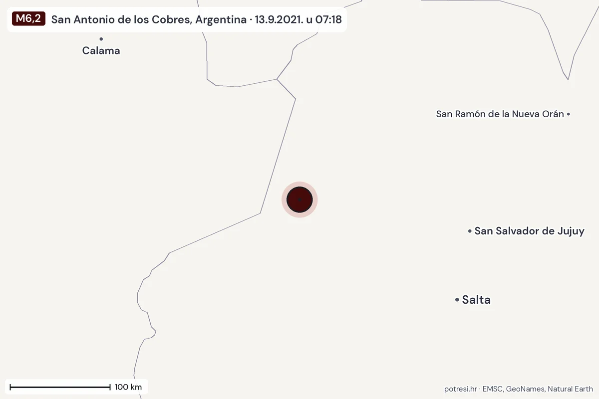 Karta: šire područje, 600 km, potres M6,2, San Antonio de los Cobres, Argentina, 13.9.2021.
