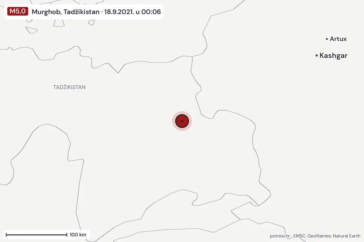Karta: šire područje, 600 km, potres M5,0, Murghob, Tadžikistan, 18.9.2021.