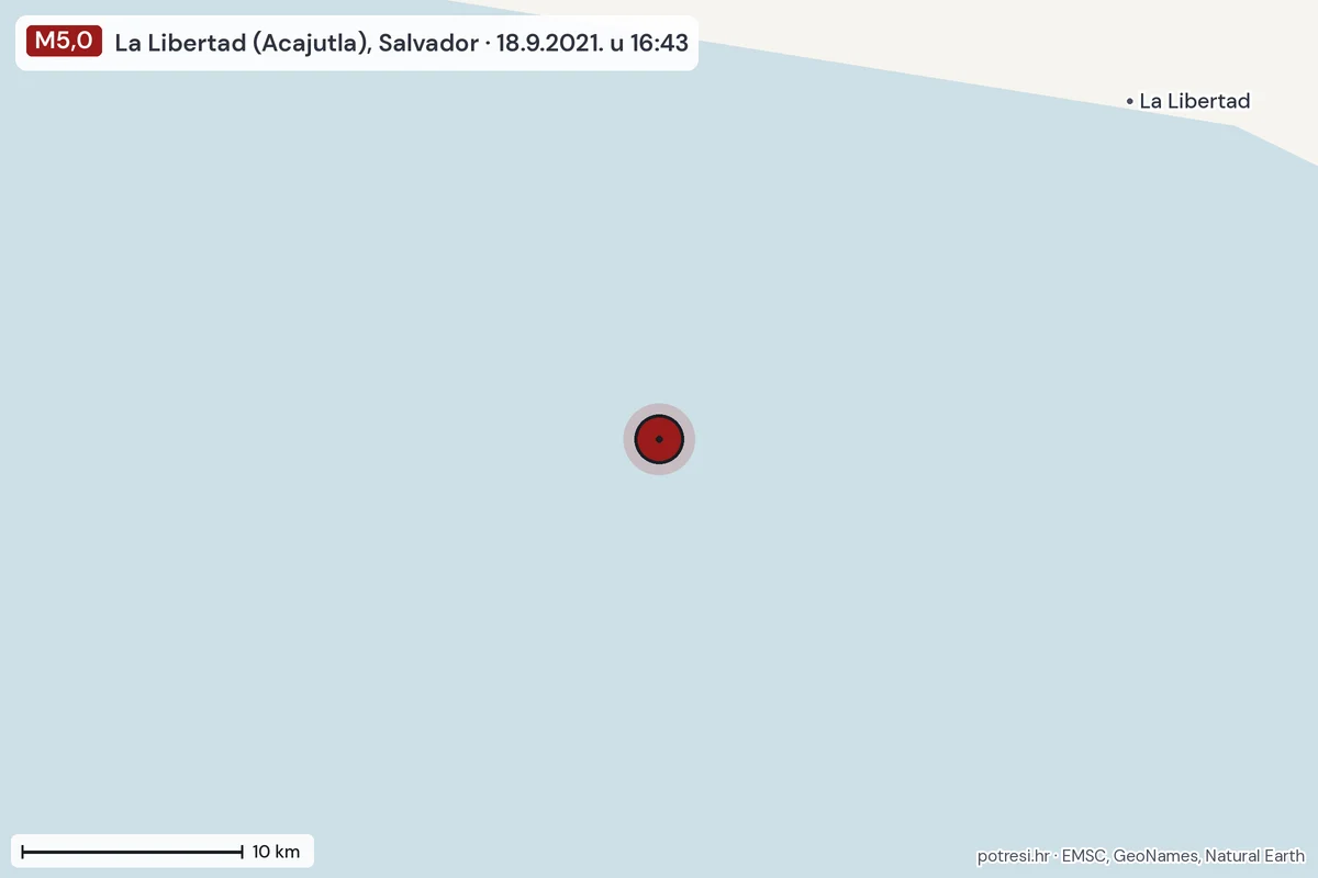 Karta: okolica epicentra, 60 km, potres M5,0, La Libertad (Acajutla), Salvador, 18.9.2021.