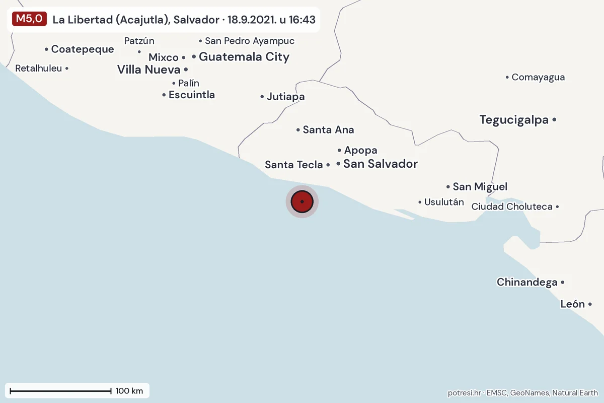 Karta: šire područje, 600 km, potres M5,0, La Libertad (Acajutla), Salvador, 18.9.2021.