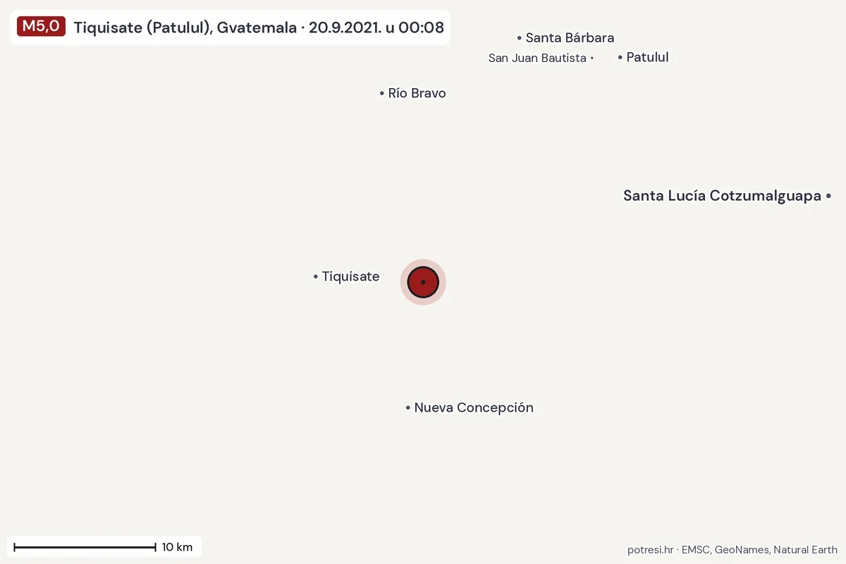 Karta: okolica epicentra, 60 km, potres M5,0, Tiquisate (Patulul), Gvatemala, 20.9.2021.