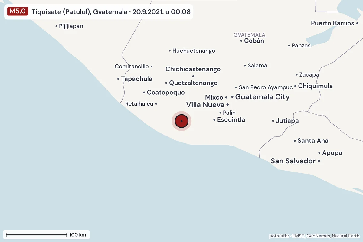 Karta: šire područje, 600 km, potres M5,0, Tiquisate (Patulul), Gvatemala, 20.9.2021.