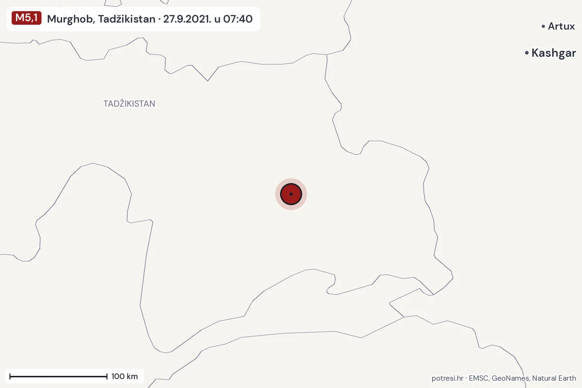 Karta: šire područje, 600 km, potres M5,1, Murghob, Tadžikistan, 27.9.2021.