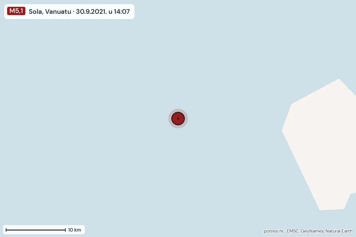 Karta: okolica epicentra, 60 km, potres M5,1, Sola, Vanuatu, 30.9.2021.