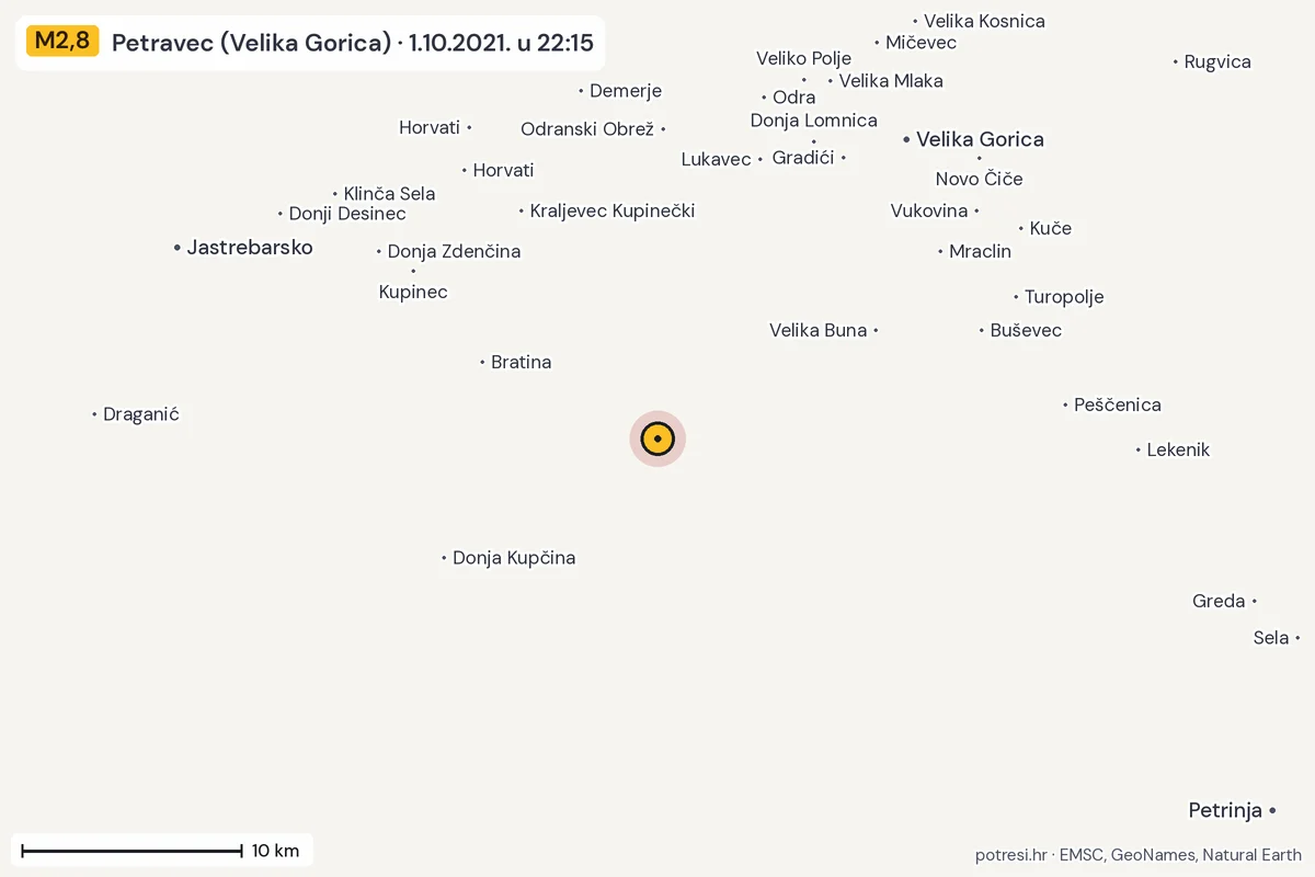 Karta: okolica epicentra, 60 km, potres M2,8, Petravec (Velika Gorica), 1.10.2021.