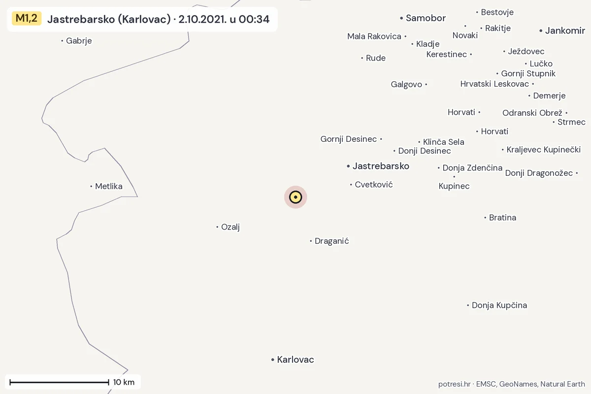 Karta: okolica epicentra, 60 km, potres M1,2, Jastrebarsko (Karlovac), 2.10.2021.