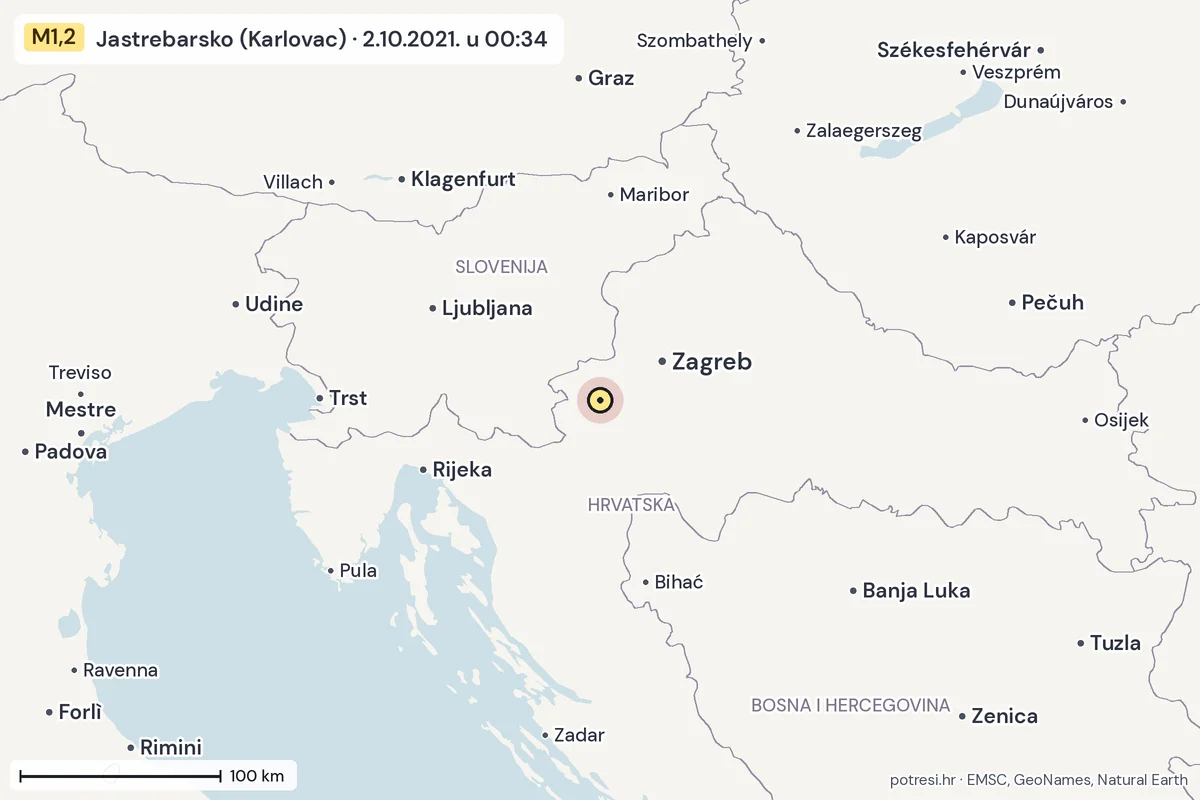 Karta: šire područje, 600 km, potres M1,2, Jastrebarsko (Karlovac), 2.10.2021.
