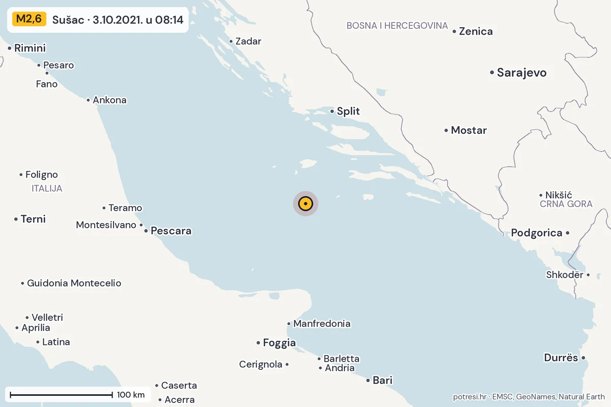 Karta: šire područje, 600 km, potres M2,6, Sušac, 3.10.2021.
