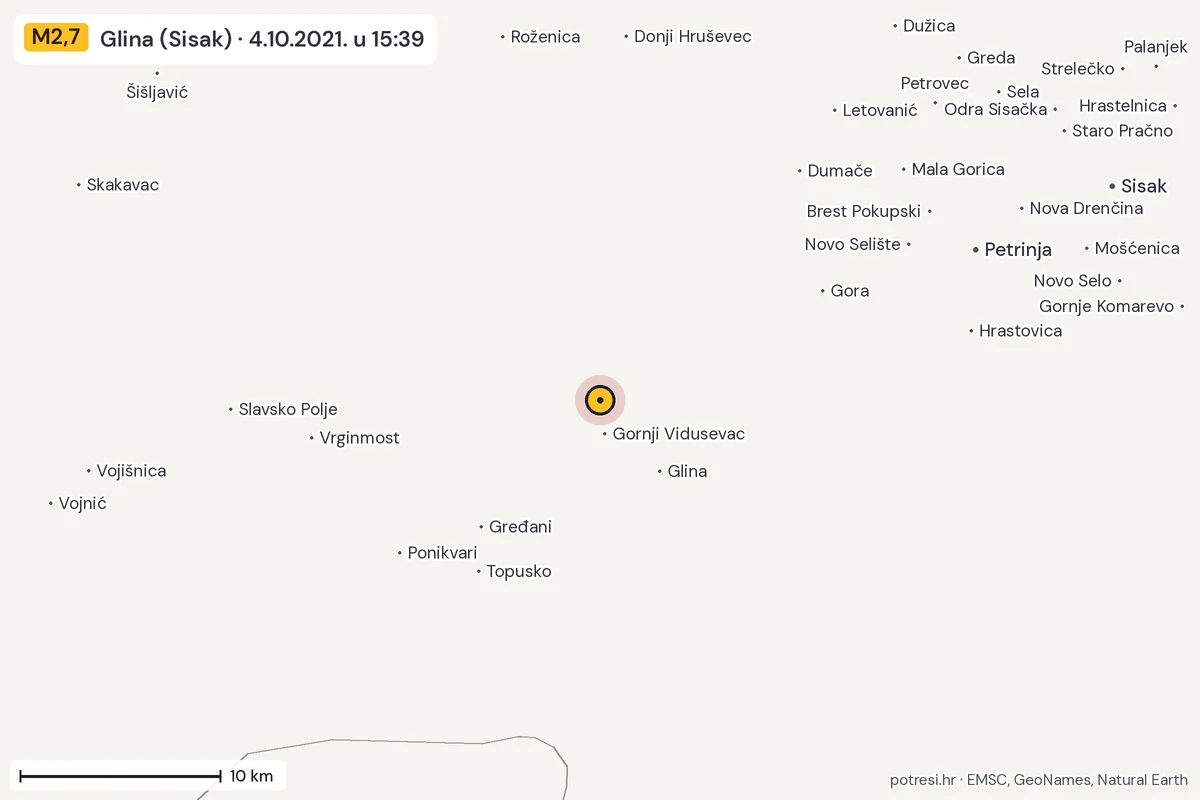 Karta: okolica epicentra, 60 km, potres M2,7, Glina (Sisak), 4.10.2021.