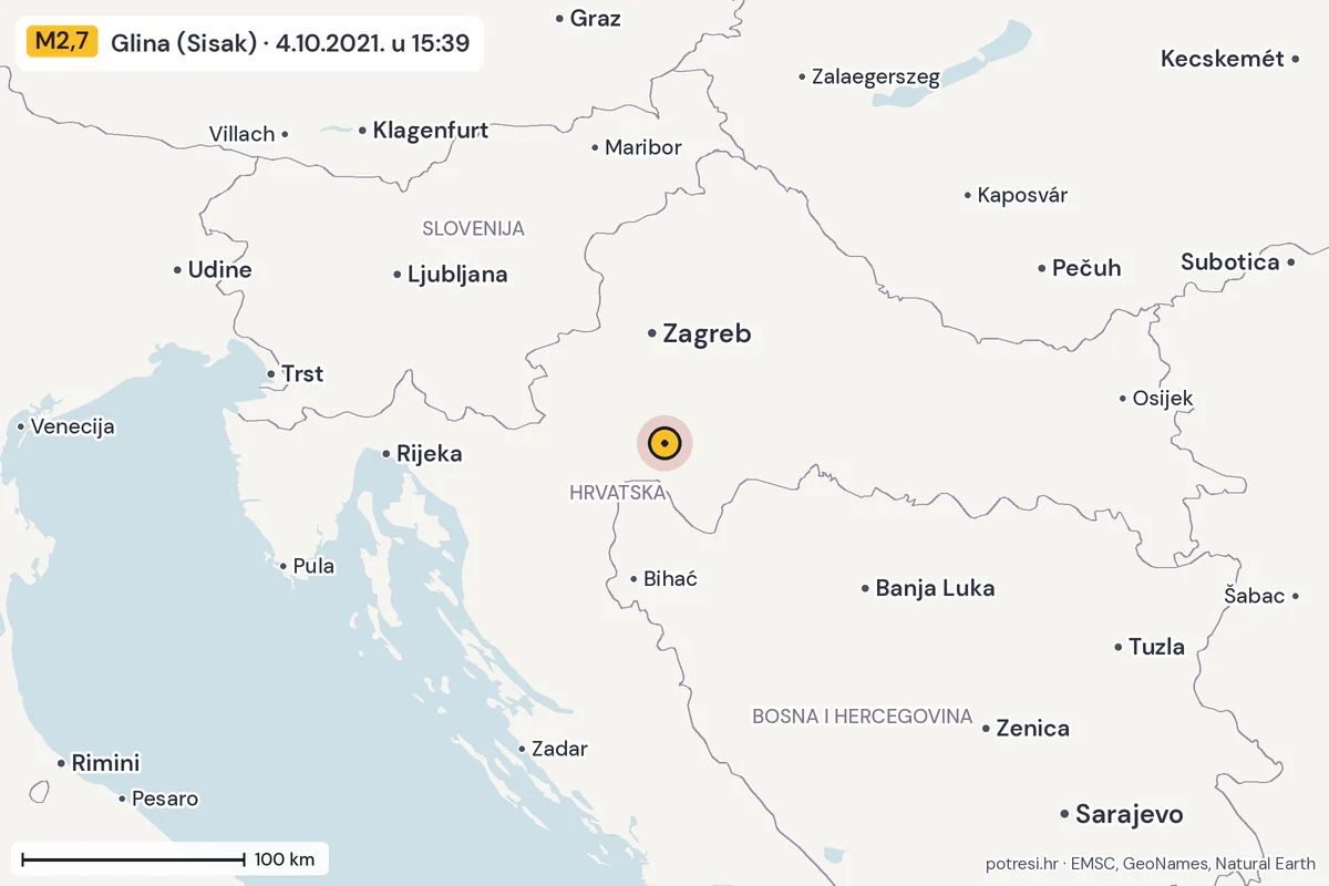 Karta: šire područje, 600 km, potres M2,7, Glina (Sisak), 4.10.2021.