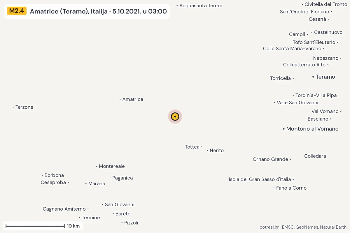 Karta: okolica epicentra, 60 km, potres M2,4, Amatrice (Teramo), Italija, 5.10.2021.