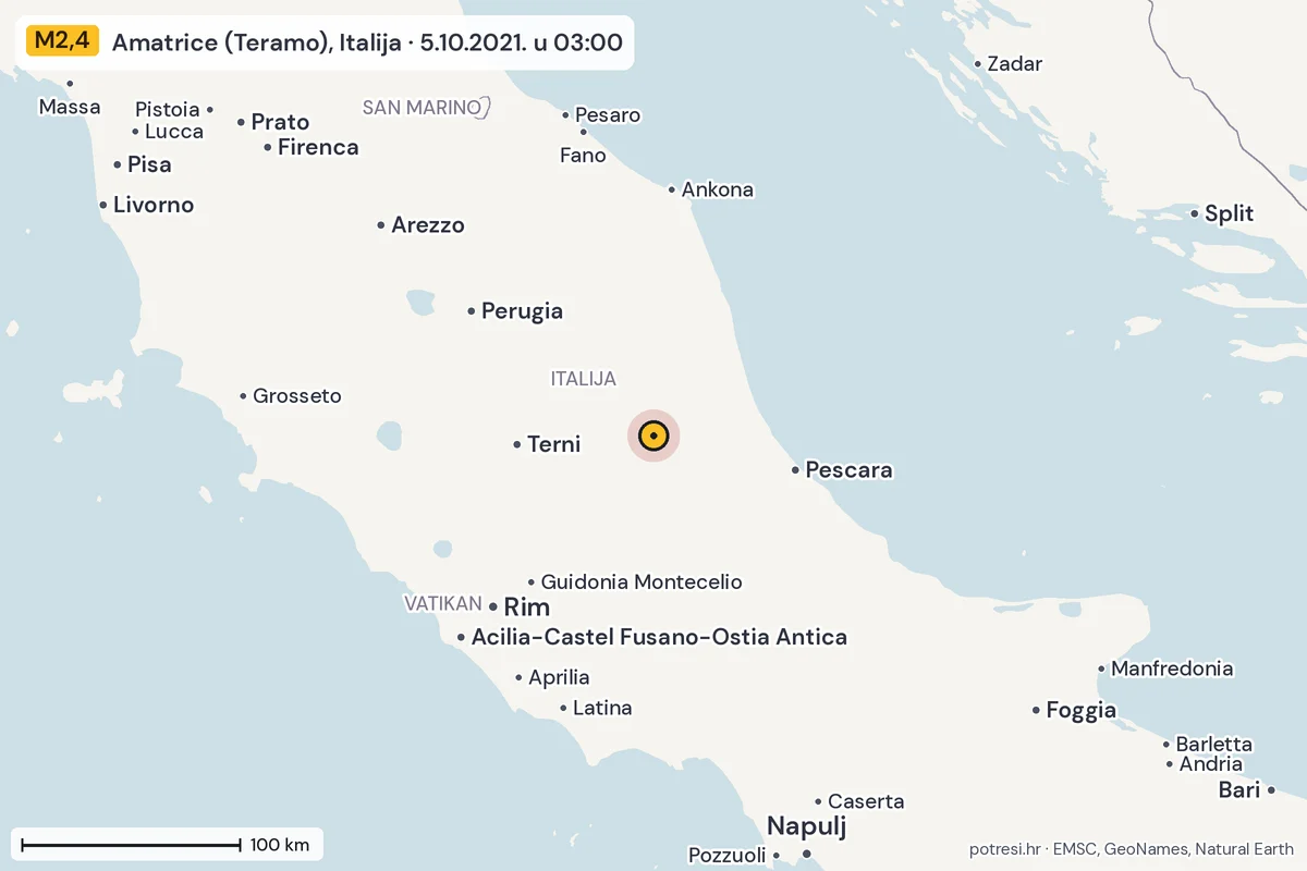 Karta: šire područje, 600 km, potres M2,4, Amatrice (Teramo), Italija, 5.10.2021.