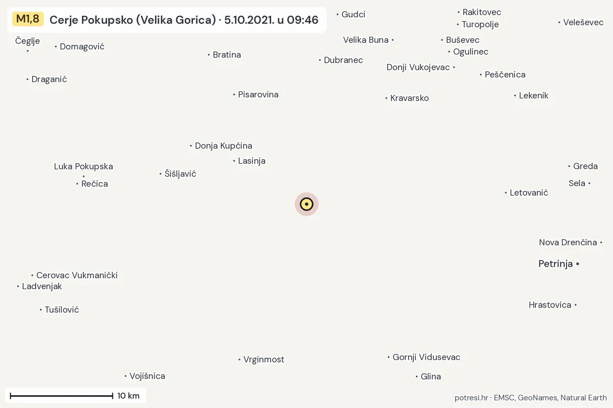 Karta: okolica epicentra, 60 km, potres M1,8, Cerje Pokupsko (Velika Gorica), 5.10.2021.
