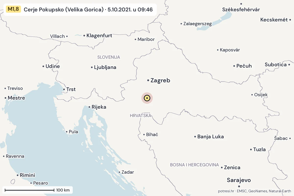 Karta: šire područje, 600 km, potres M1,8, Cerje Pokupsko (Velika Gorica), 5.10.2021.