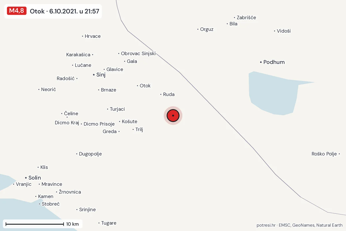Karta: okolica epicentra, 60 km, potres M4,8, Otok, 6.10.2021.