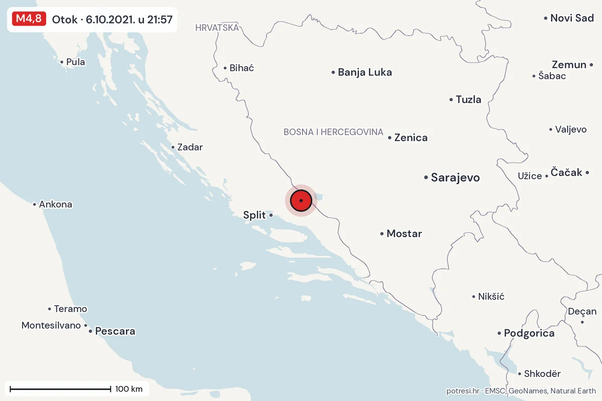 Karta: šire područje, 600 km, potres M4,8, Otok, 6.10.2021.