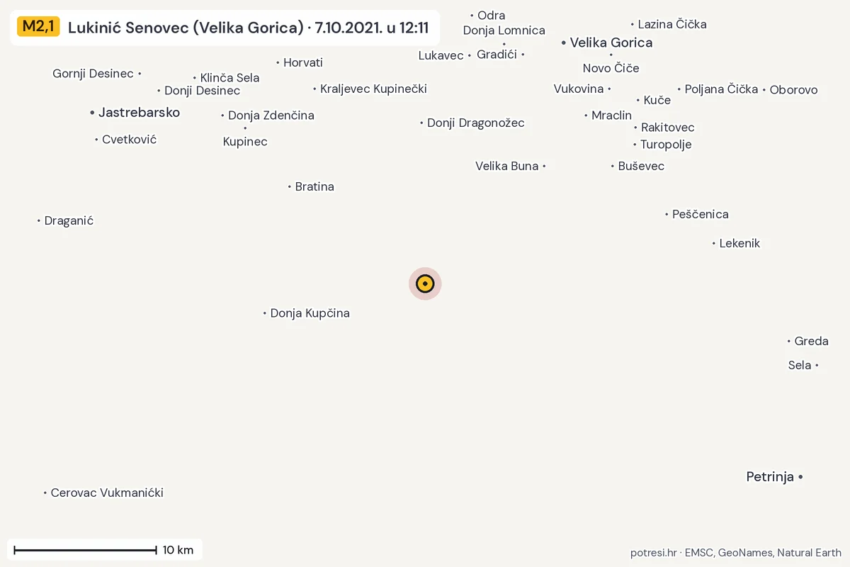 Karta: okolica epicentra, 60 km, potres M2,1, Lukinić Senovec (Velika Gorica), 7.10.2021.
