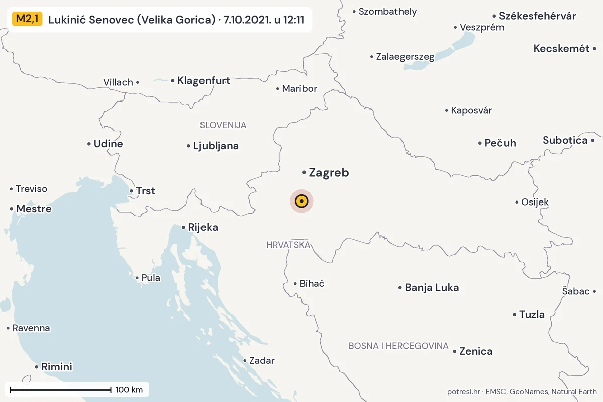 Karta: šire područje, 600 km, potres M2,1, Lukinić Senovec (Velika Gorica), 7.10.2021.