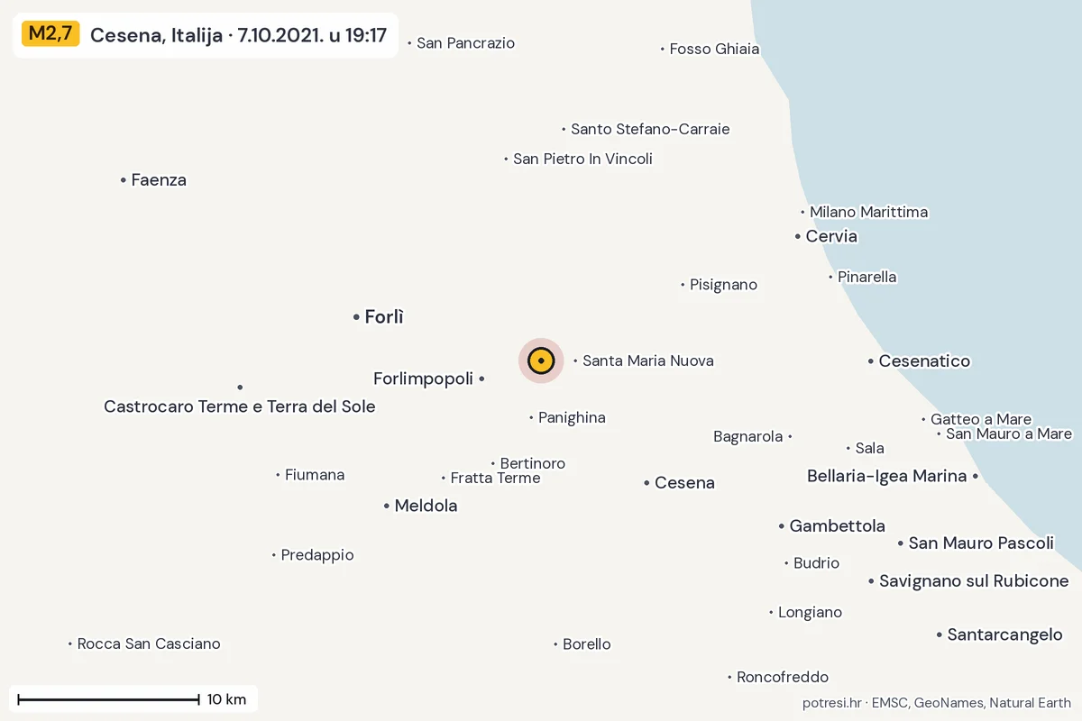 Karta: okolica epicentra, 60 km, potres M2,7, Cesena, Italija, 7.10.2021.