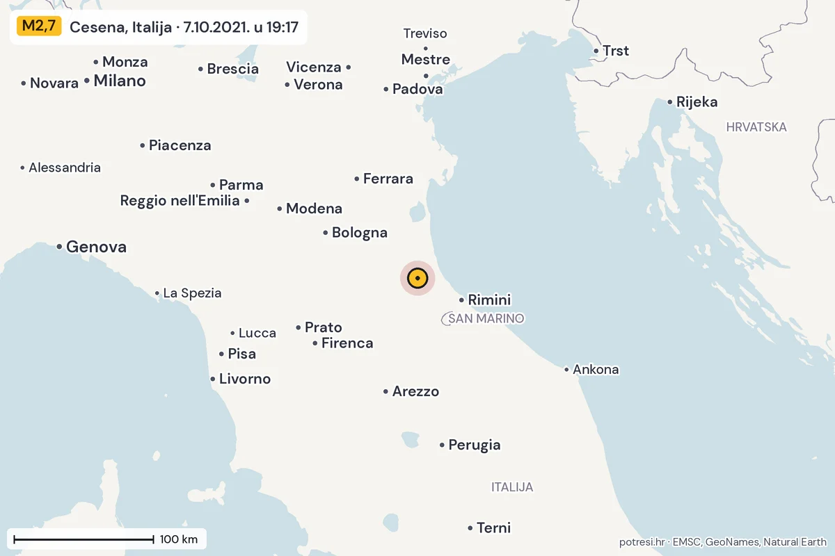 Karta: šire područje, 600 km, potres M2,7, Cesena, Italija, 7.10.2021.