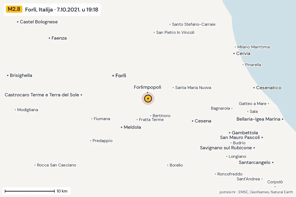 Karta: okolica epicentra, 60 km, potres M2,8, Forlì, Italija, 7.10.2021.