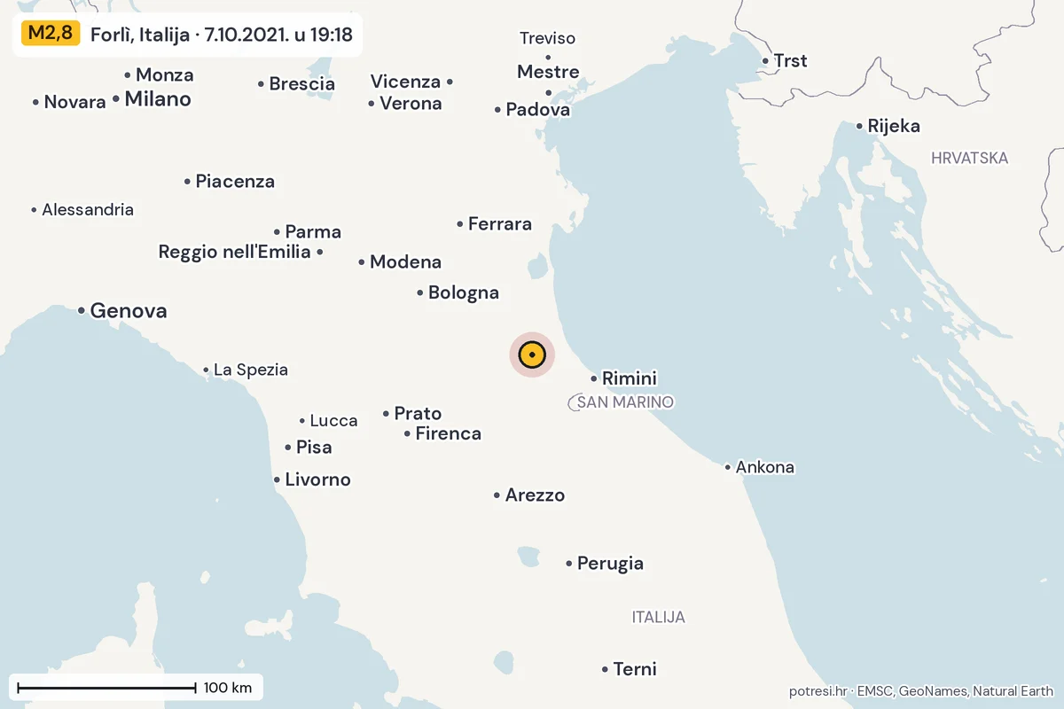 Karta: šire područje, 600 km, potres M2,8, Forlì, Italija, 7.10.2021.