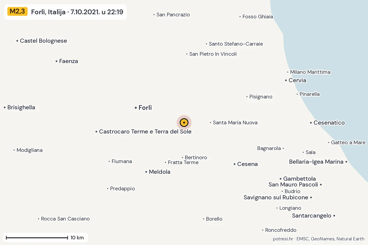 Karta: okolica epicentra, 60 km, potres M2,3, Forlì, Italija, 7.10.2021.