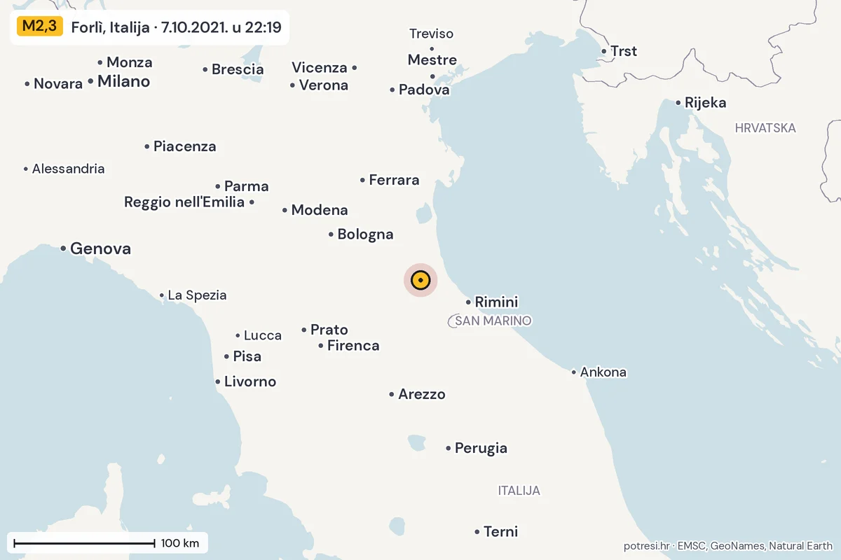 Karta: šire područje, 600 km, potres M2,3, Forlì, Italija, 7.10.2021.