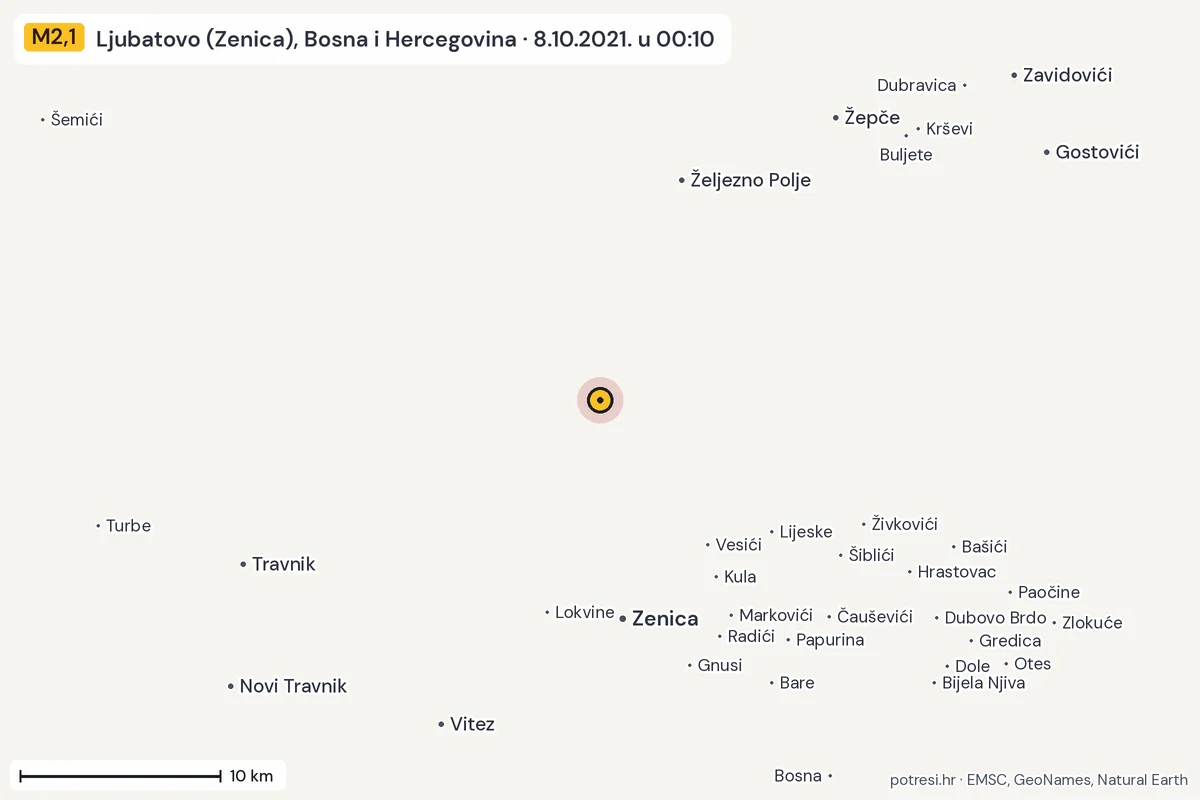 Karta: okolica epicentra, 60 km, potres M2,1, Ljubatovo (Zenica), Bosna i Hercegovina, 8.10.2021.