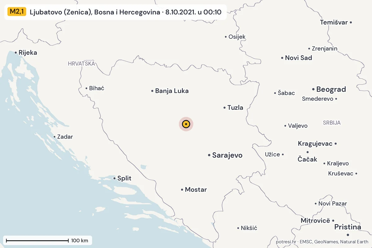 Karta: šire područje, 600 km, potres M2,1, Ljubatovo (Zenica), Bosna i Hercegovina, 8.10.2021.