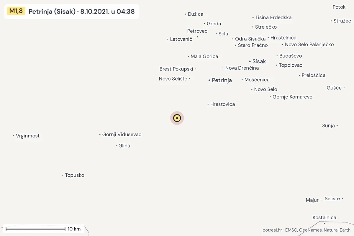 Karta: okolica epicentra, 60 km, potres M1,8, Petrinja (Sisak), 8.10.2021.