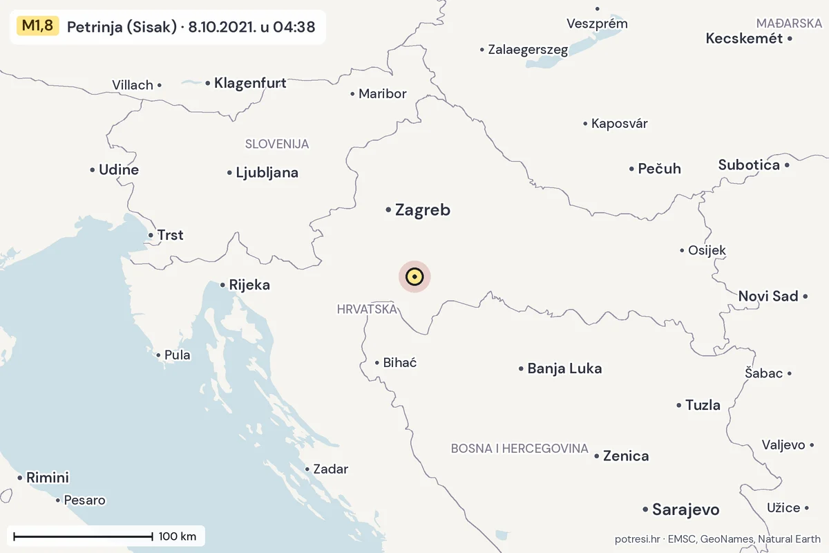 Karta: šire područje, 600 km, potres M1,8, Petrinja (Sisak), 8.10.2021.