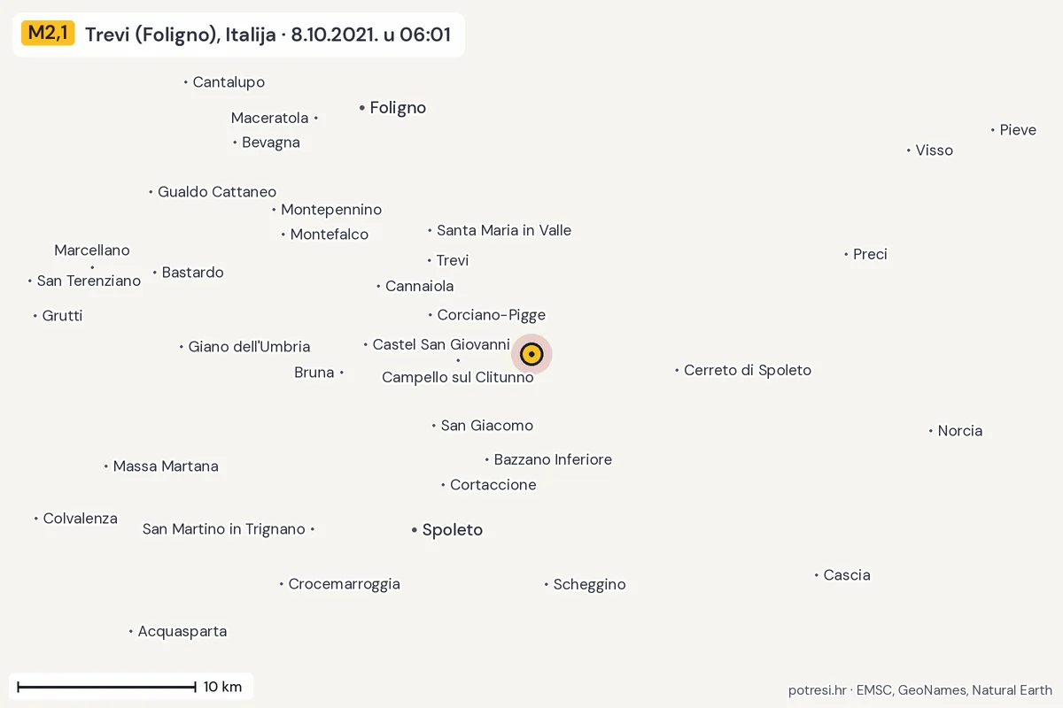 Karta: okolica epicentra, 60 km, potres M2,1, Trevi (Foligno), Italija, 8.10.2021.