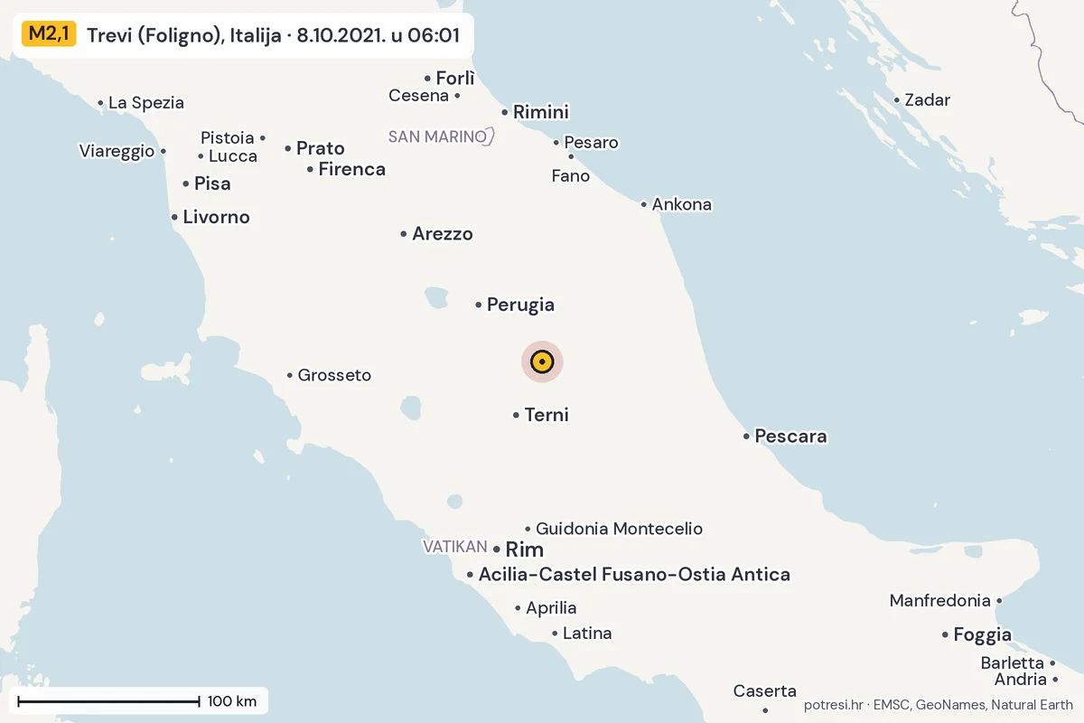 Karta: šire područje, 600 km, potres M2,1, Trevi (Foligno), Italija, 8.10.2021.