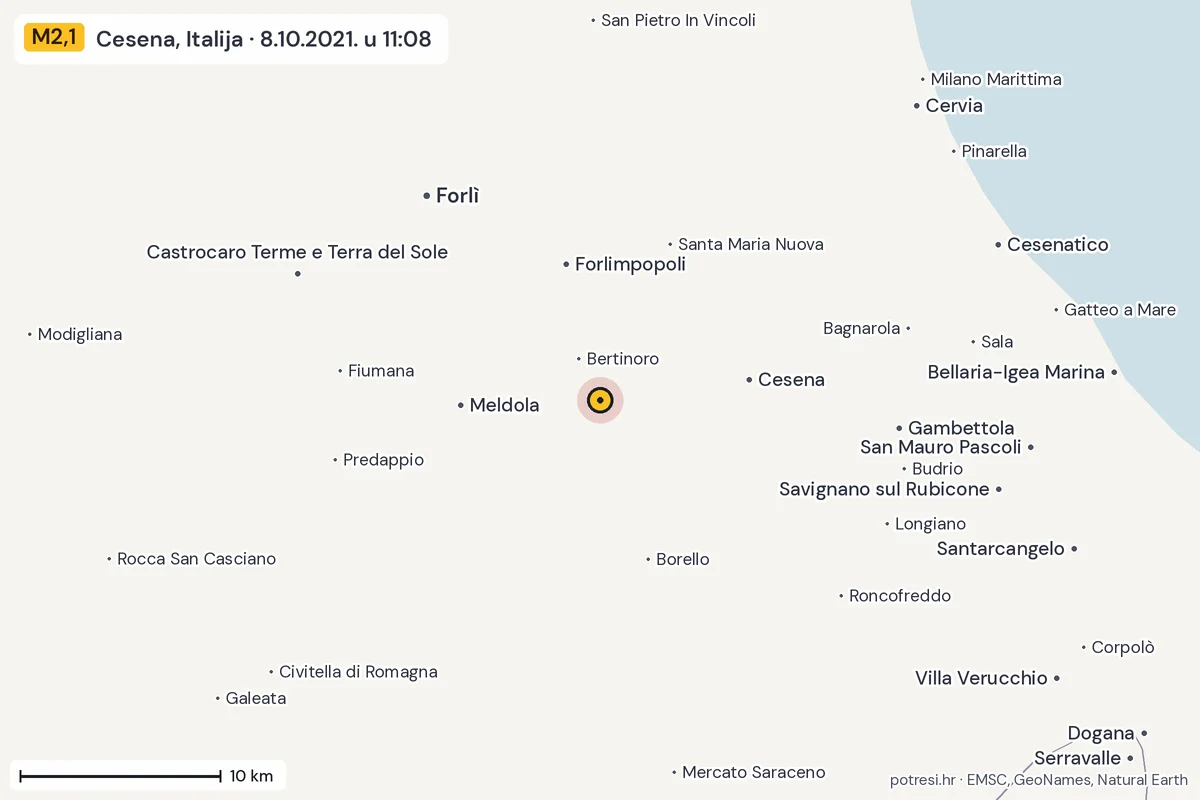 Karta: okolica epicentra, 60 km, potres M2,1, Cesena, Italija, 8.10.2021.