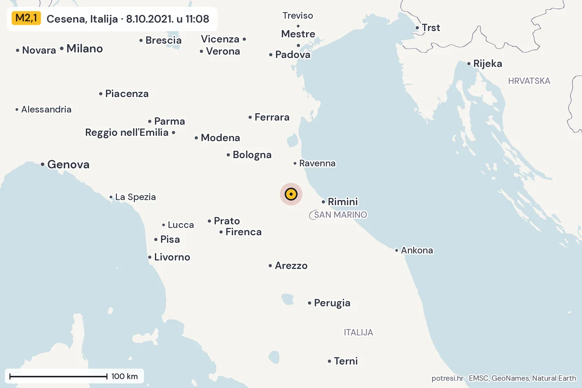 Karta: šire područje, 600 km, potres M2,1, Cesena, Italija, 8.10.2021.