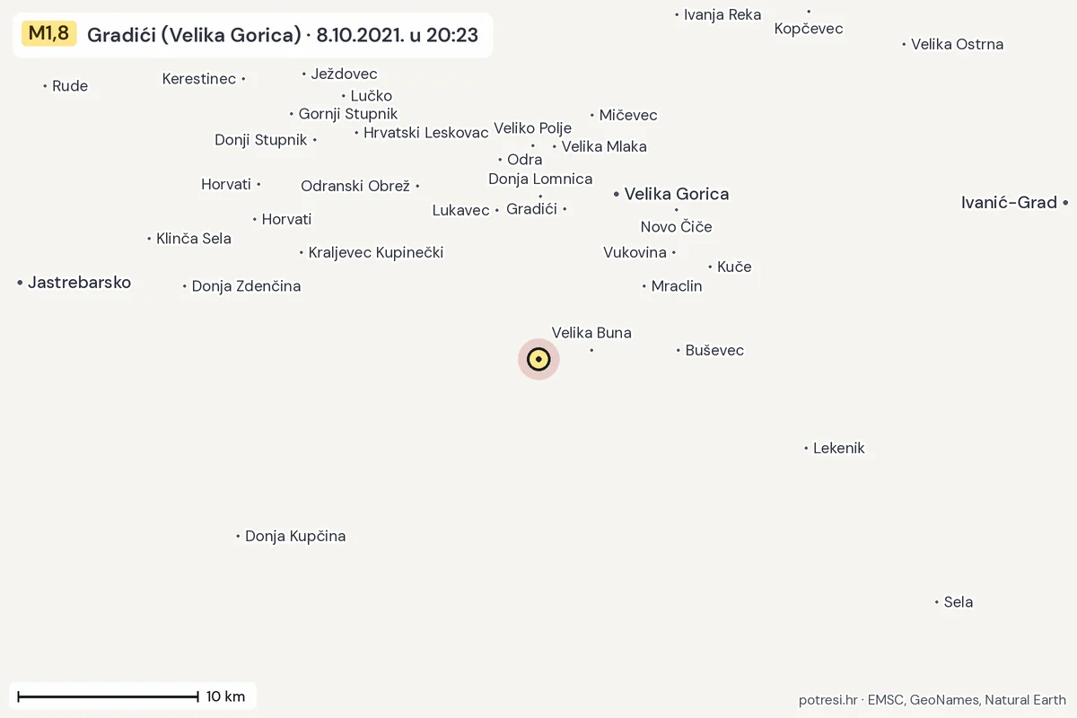 Karta: okolica epicentra, 60 km, potres M1,8, Gradići (Velika Gorica), 8.10.2021.