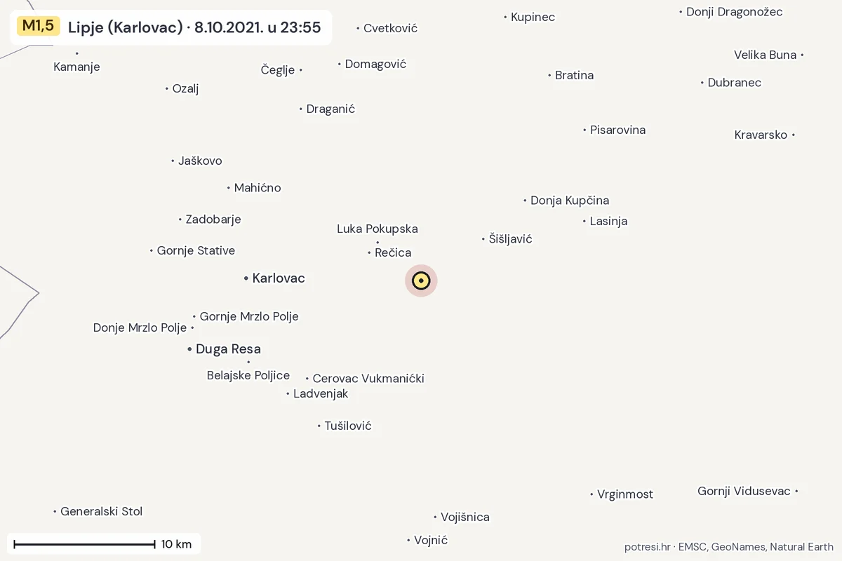 Karta: okolica epicentra, 60 km, potres M1,5, Lipje (Karlovac), 8.10.2021.