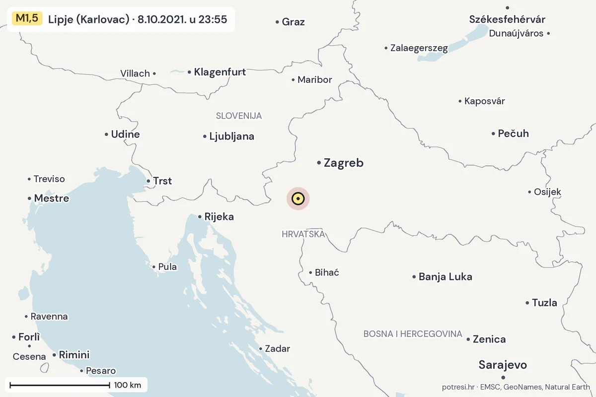 Karta: šire područje, 600 km, potres M1,5, Lipje (Karlovac), 8.10.2021.
