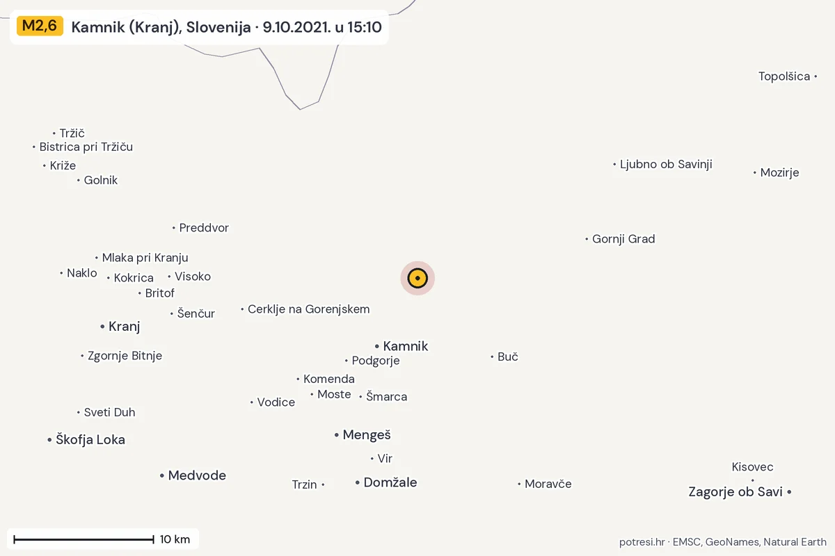 Karta: okolica epicentra, 60 km, potres M2,6, Kamnik (Kranj), Slovenija, 9.10.2021.