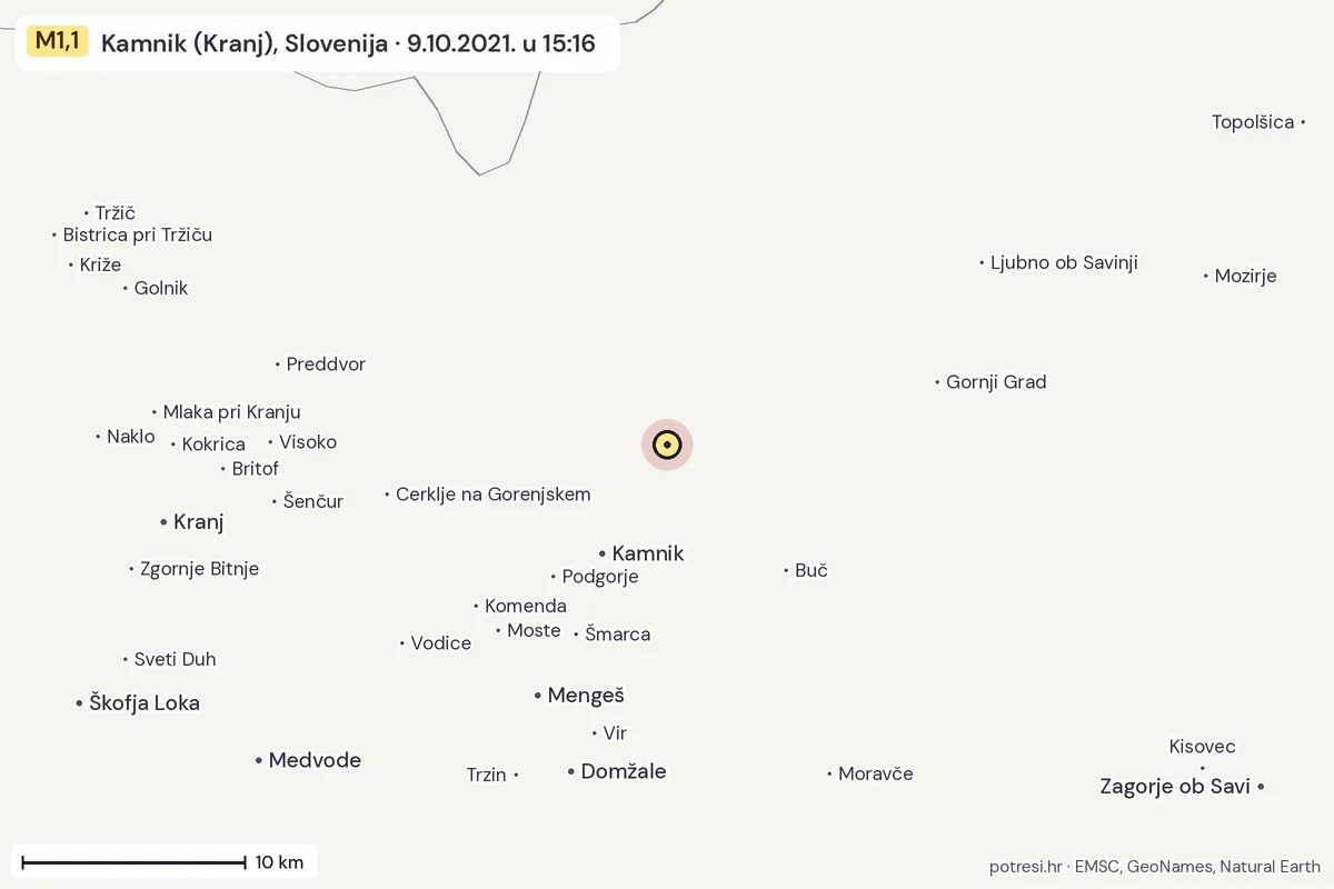 Karta: okolica epicentra, 60 km, potres M1,1, Kamnik (Kranj), Slovenija, 9.10.2021.