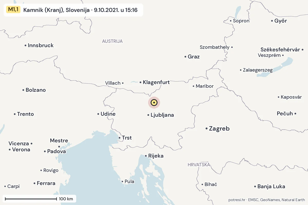 Karta: šire područje, 600 km, potres M1,1, Kamnik (Kranj), Slovenija, 9.10.2021.