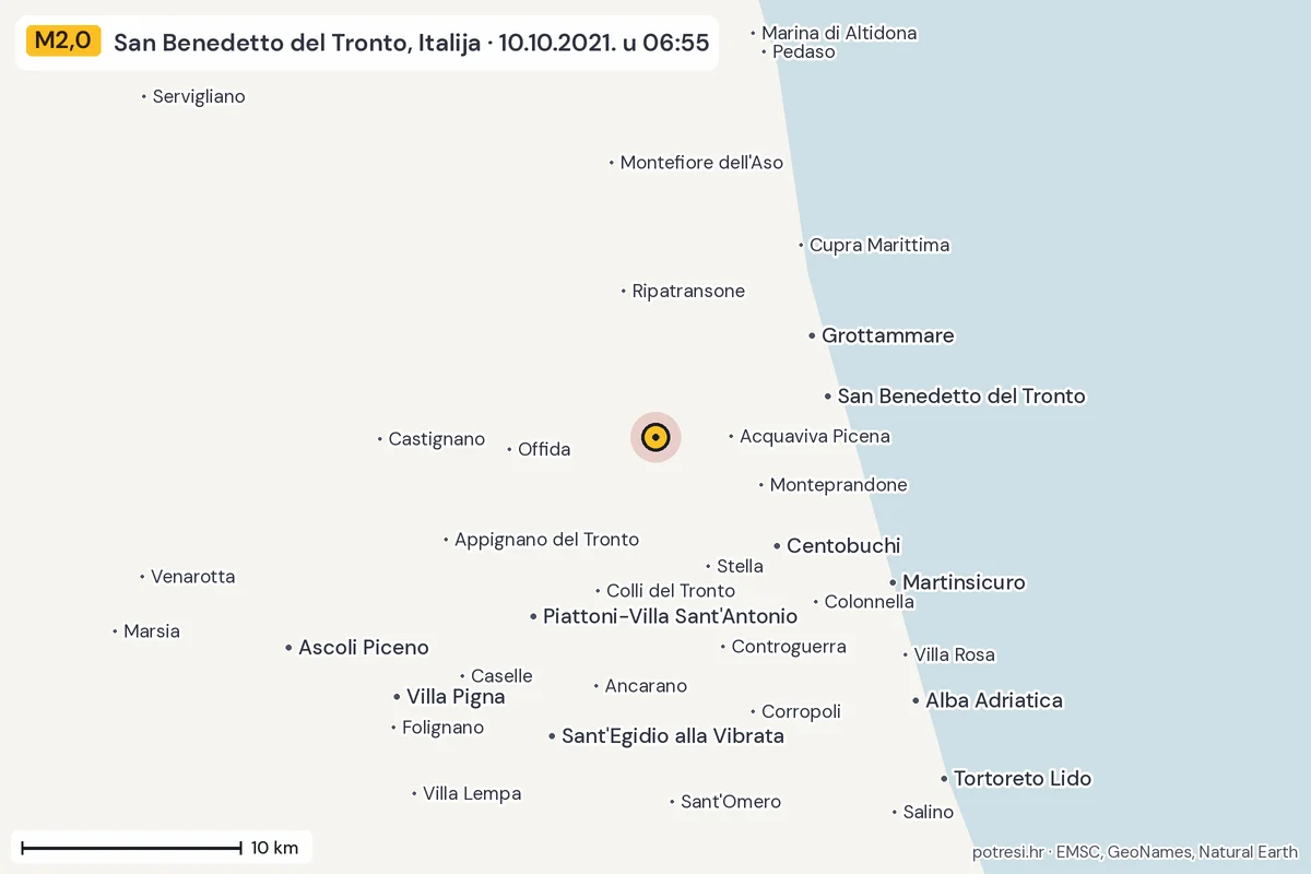 Karta: okolica epicentra, 60 km, potres M2,0, San Benedetto del Tronto, Italija, 10.10.2021.