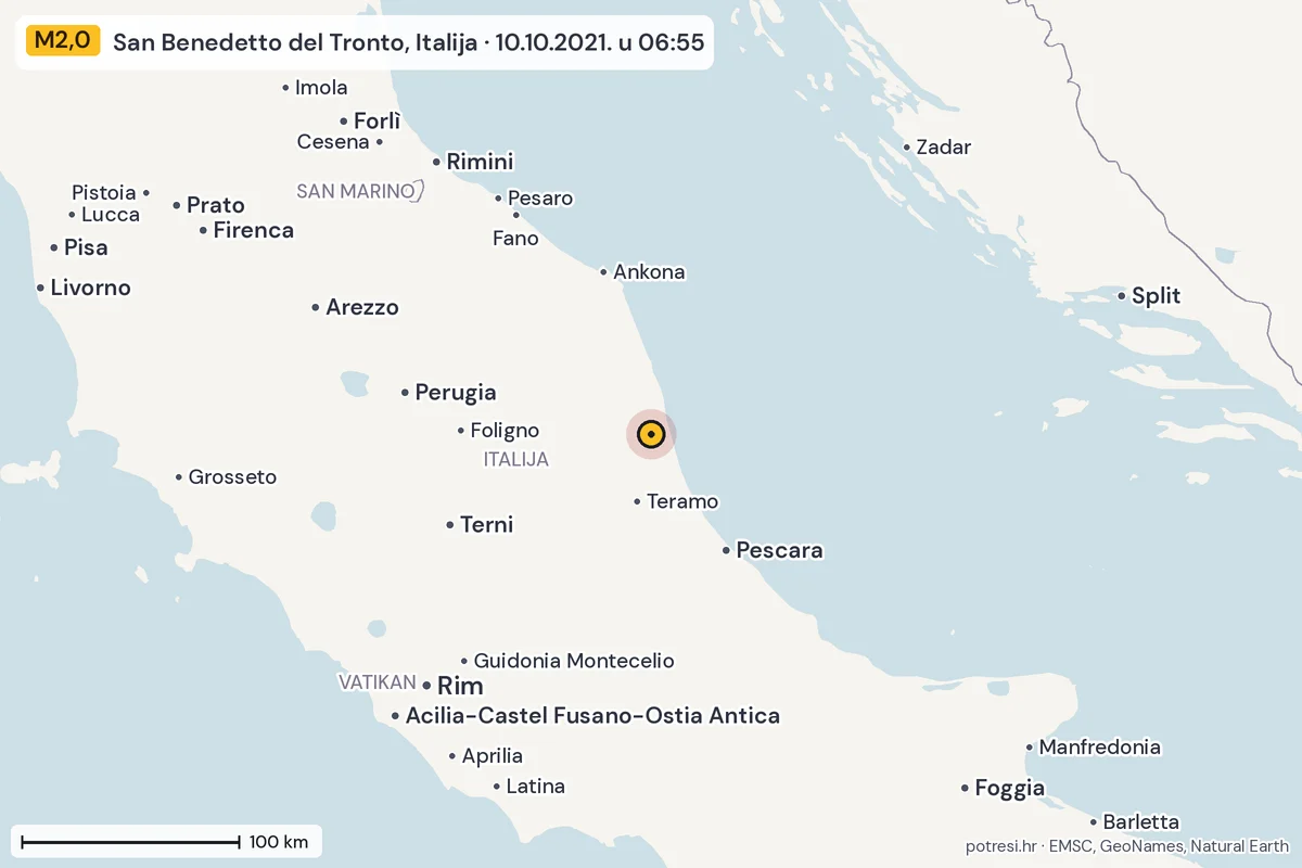 Karta: šire područje, 600 km, potres M2,0, San Benedetto del Tronto, Italija, 10.10.2021.