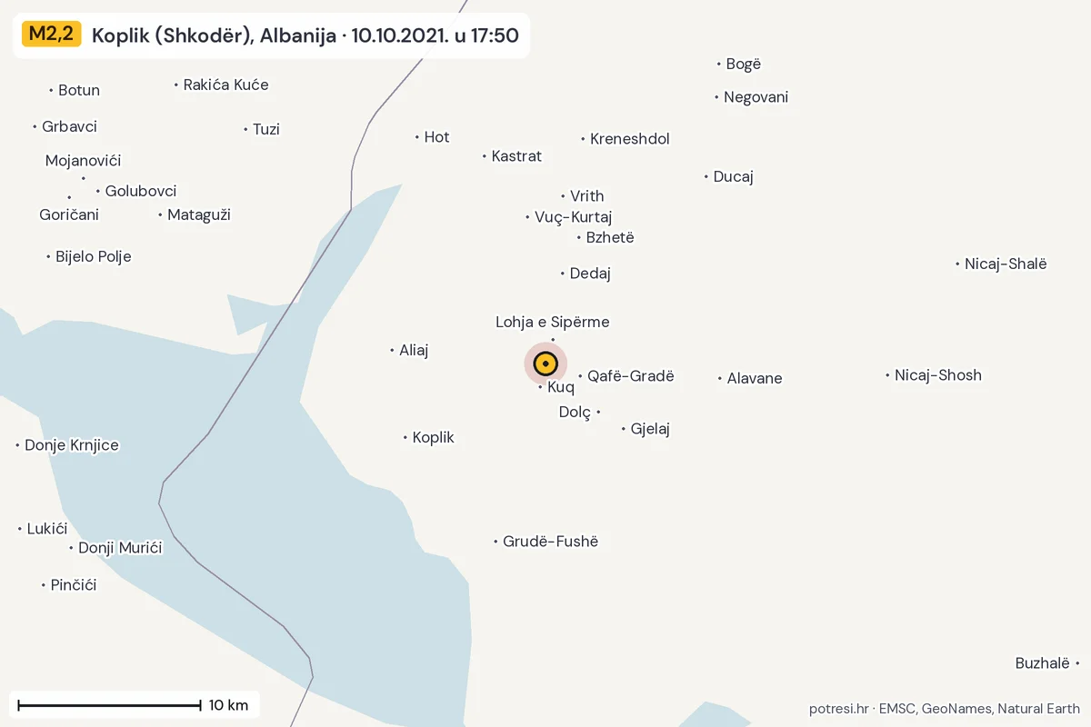Karta: okolica epicentra, 60 km, potres M2,2, Koplik (Shkodër), Albanija, 10.10.2021.