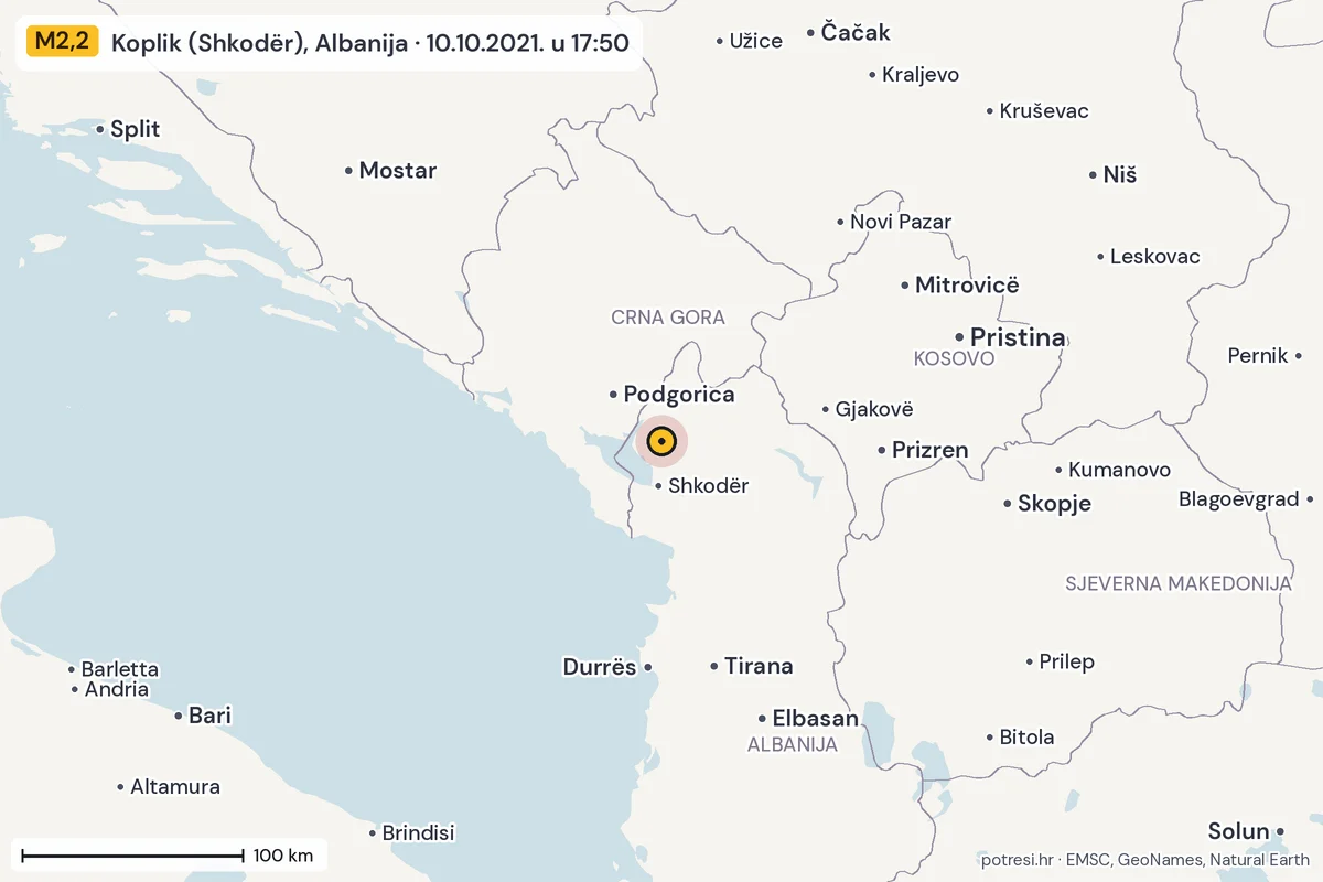 Karta: šire područje, 600 km, potres M2,2, Koplik (Shkodër), Albanija, 10.10.2021.