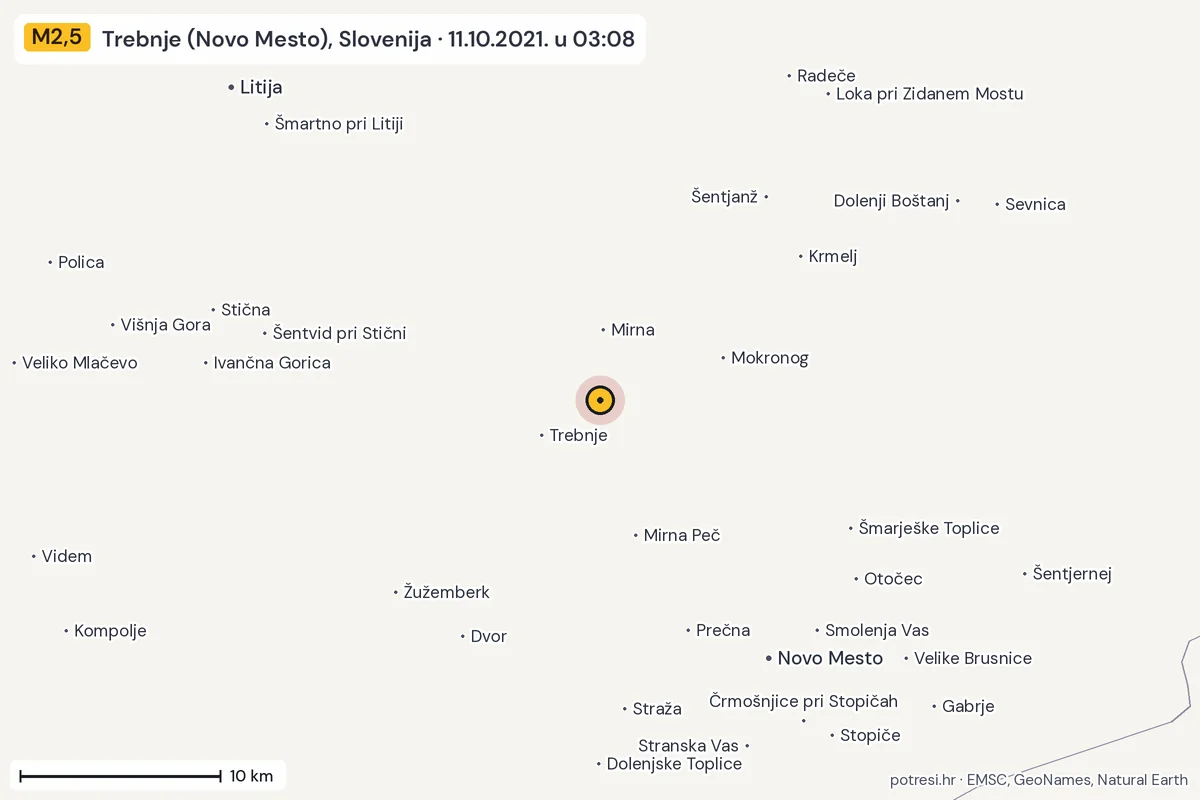 Karta: okolica epicentra, 60 km, potres M2,5, Trebnje (Novo Mesto), Slovenija, 11.10.2021.